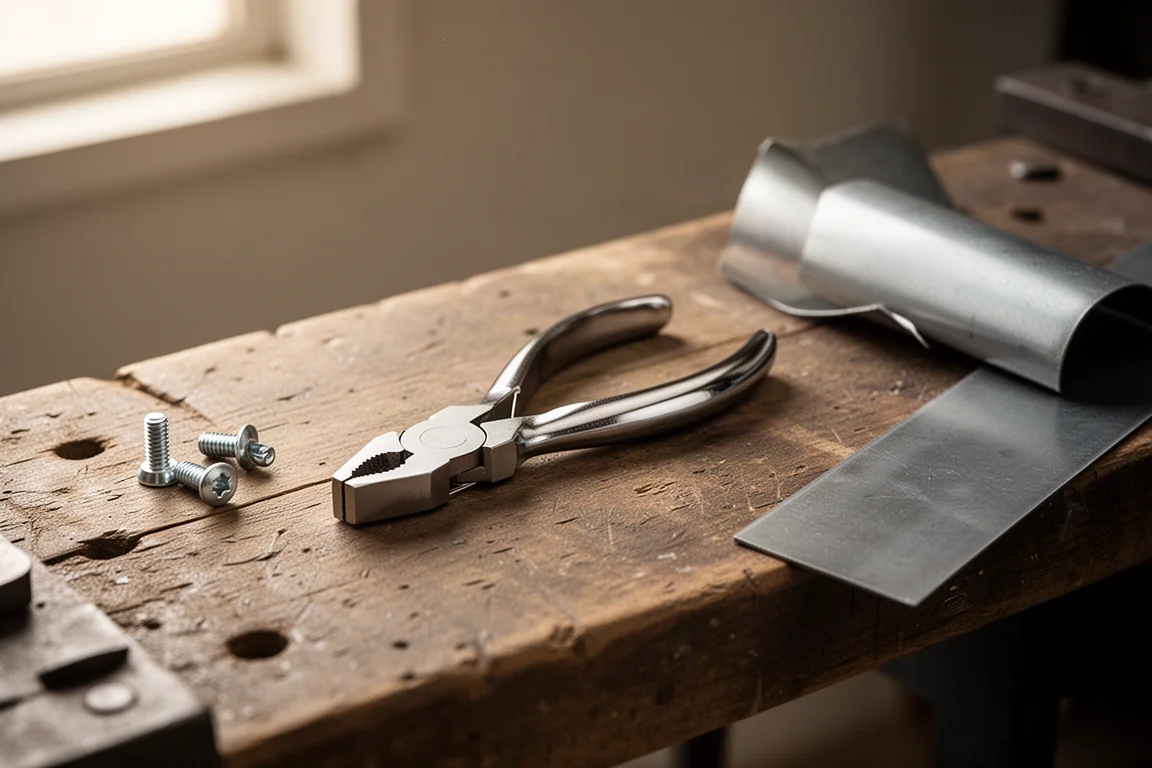 Pinza compacta apoyada en un desgastado banco de trabajo de madera junto a pequeñas piezas metálicas
