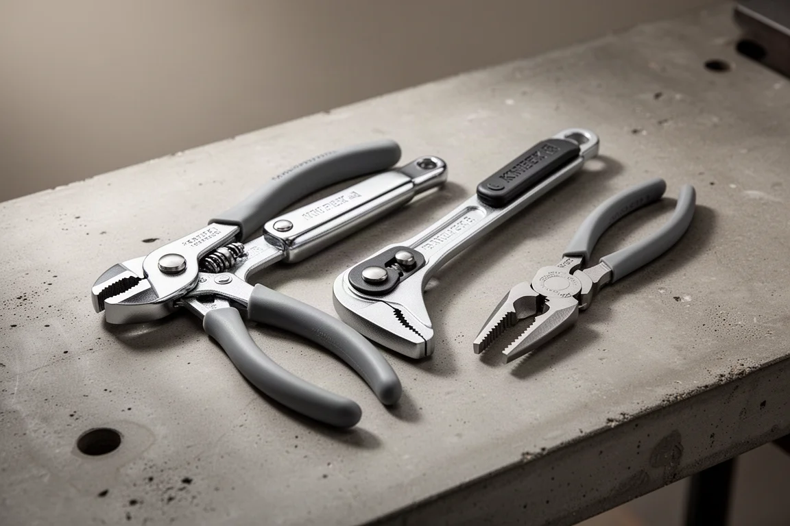 三把 Knipex 鉗子整齊排列在混凝土工作台上