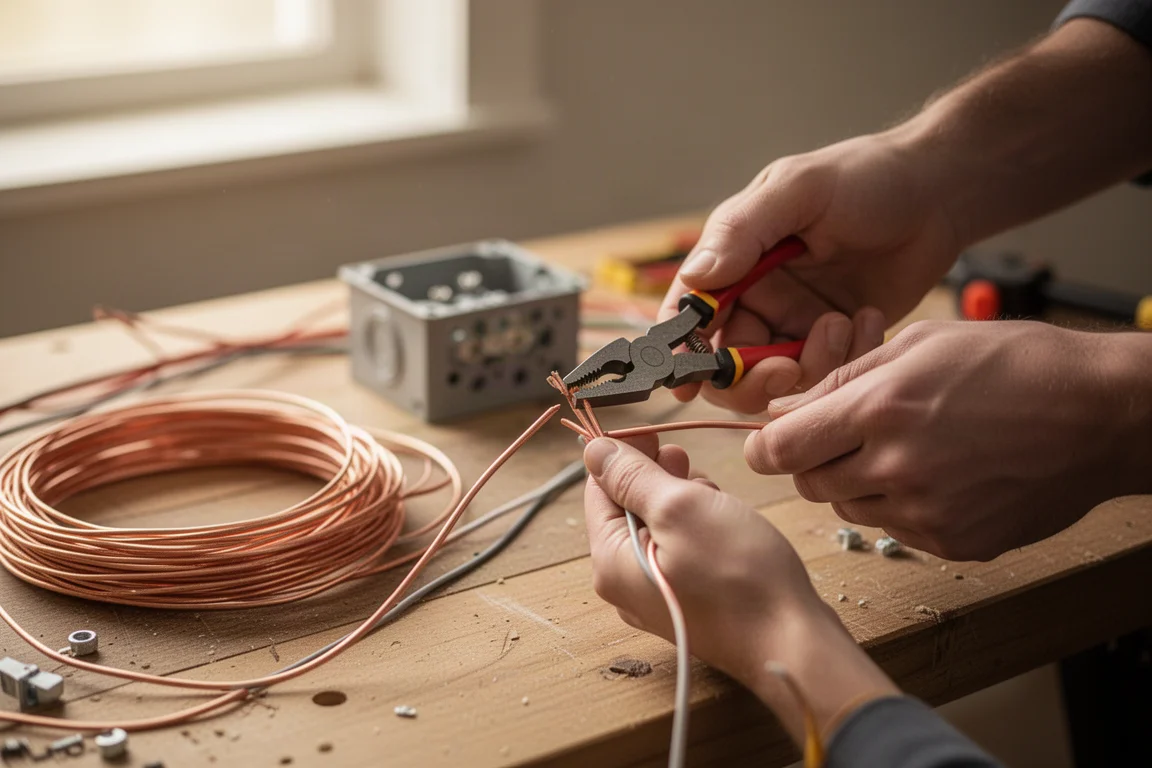 Elektriker isoliert einen Draht mit einer Handzange an der Werkbank ab