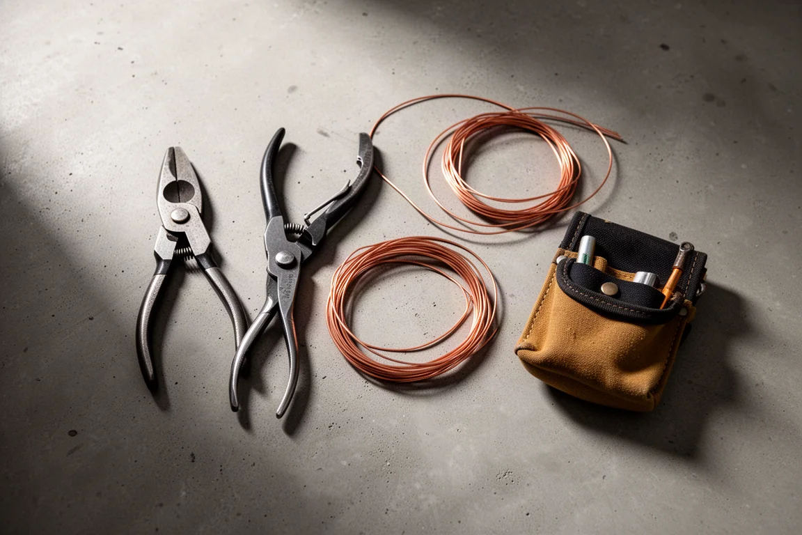 Elektriker sortiert Werkzeuge auf einem Werkstatttisch