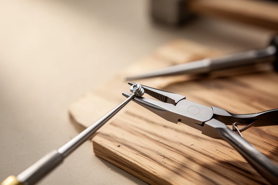 Close-up of long needle nose pliers jaws gripping a small screw on a workbench