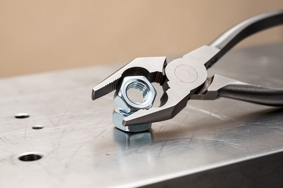 Pliers jaws opened wide gripping a hex nut near the pivot