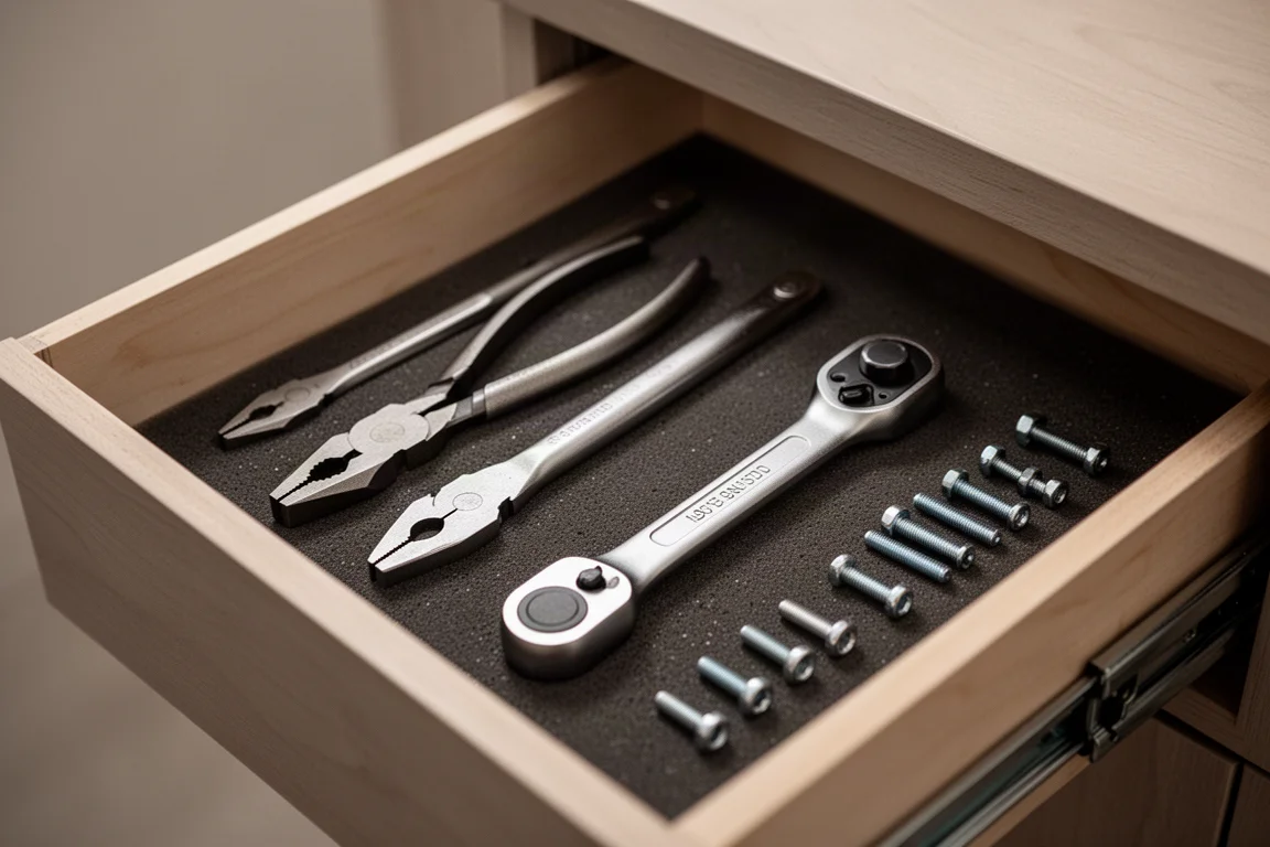 Open tool drawer with pliers arranged alongside hand tools