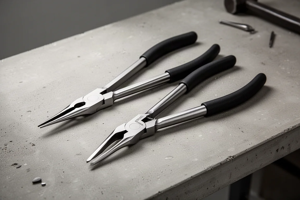 Knipex 直頭與彎頭加長尖嘴鉗並排放置在水泥工作檯上