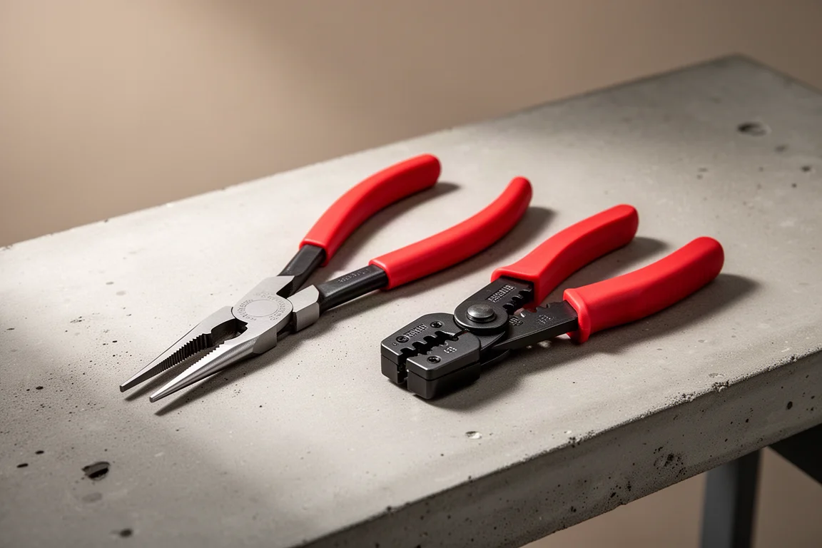 Knipex long needle nose plier and wire stripper on a concrete workbench