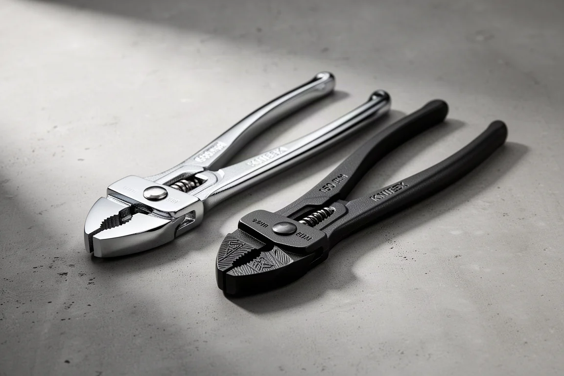 Two Knipex 150 mm plier wrenches, one chrome and one textured, on concrete