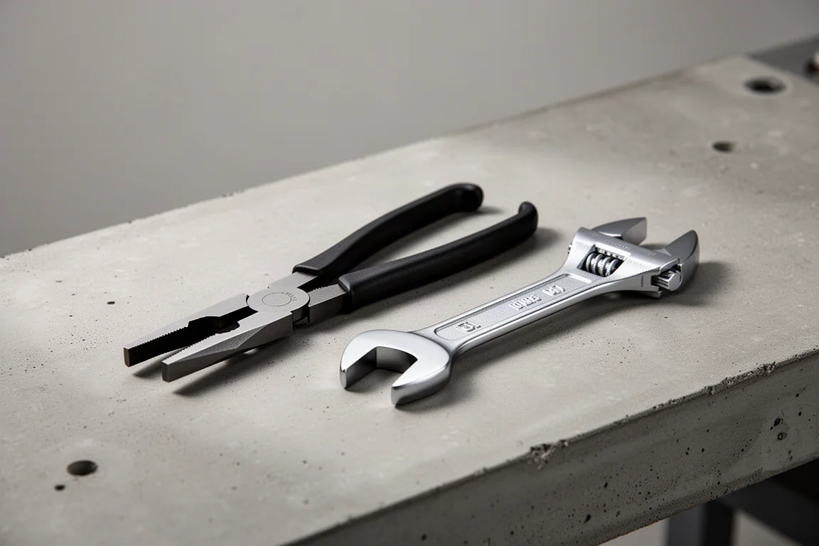 Knipex Plier Wrench 與小型活動扳手並排在混凝土表面上