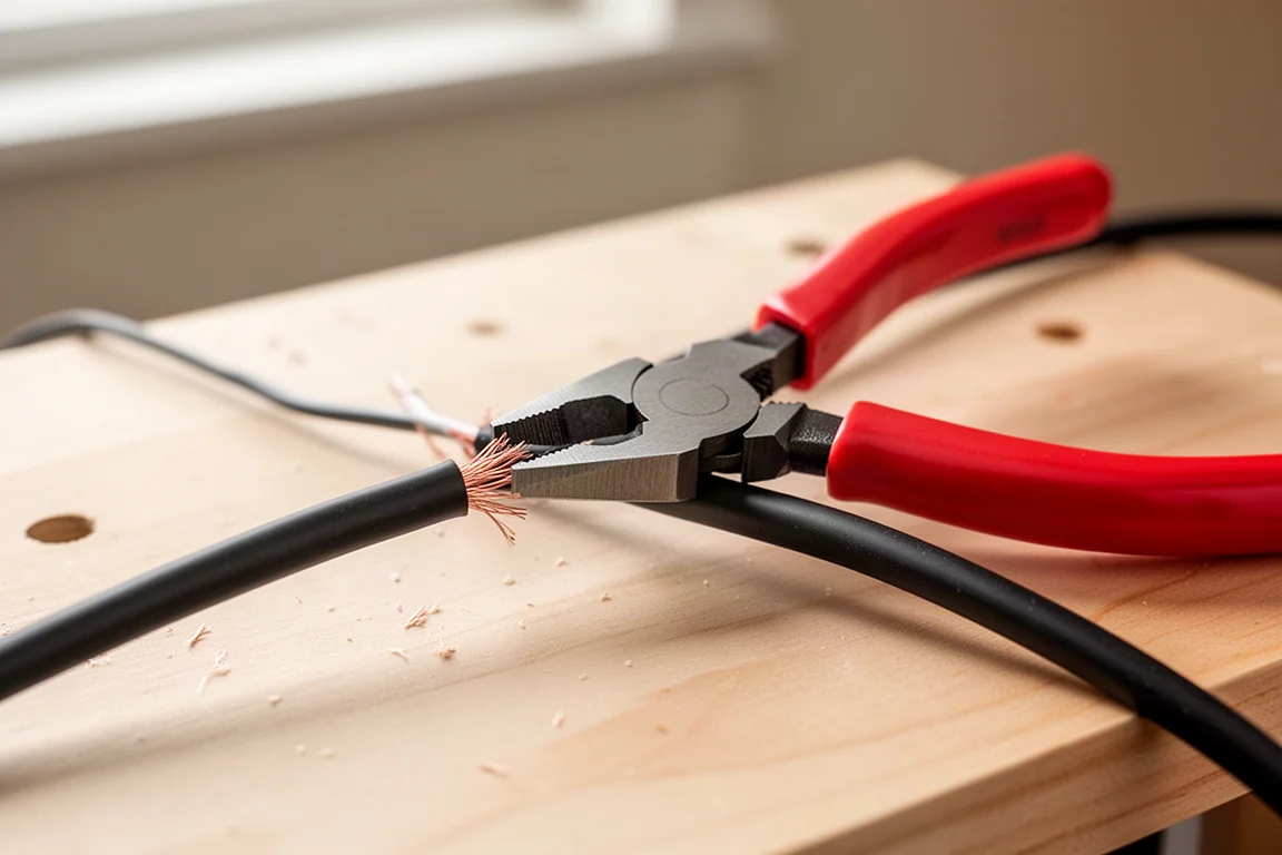 Alicates compactos de punta fina cortando la funda de un cable eléctrico