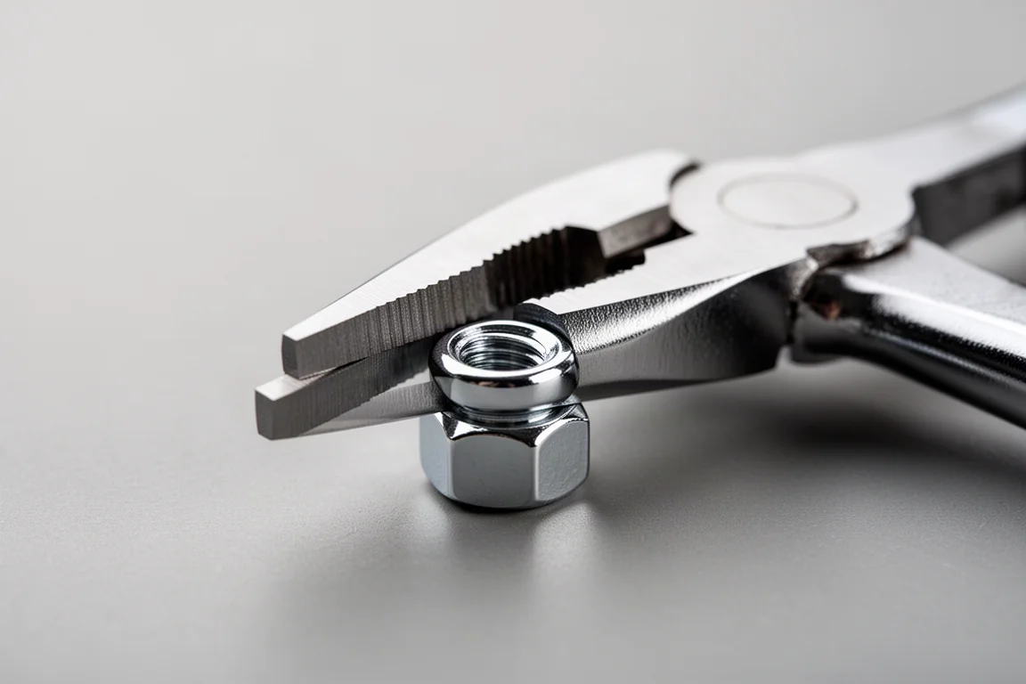 Flache Backen einer Pliers Wrench greifen eine Sechskantmutter auf der Werkbank
