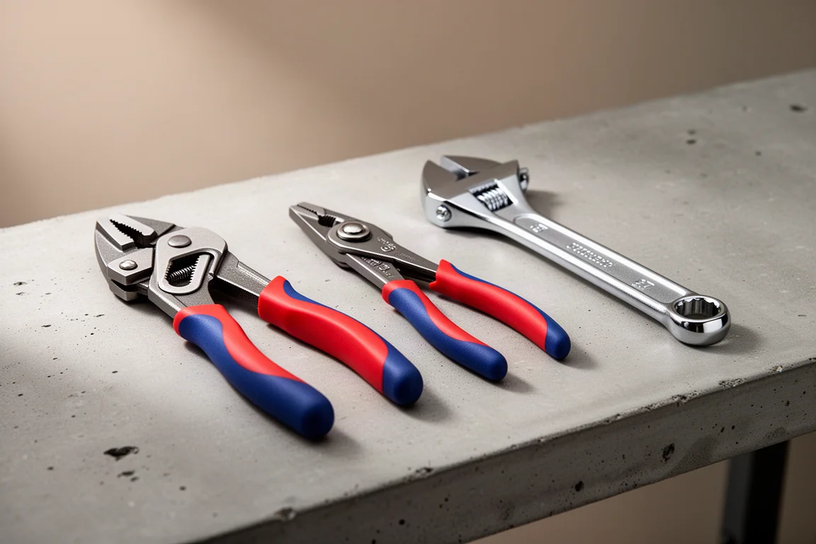 Three pairs of professional pliers arranged on a concrete workbench