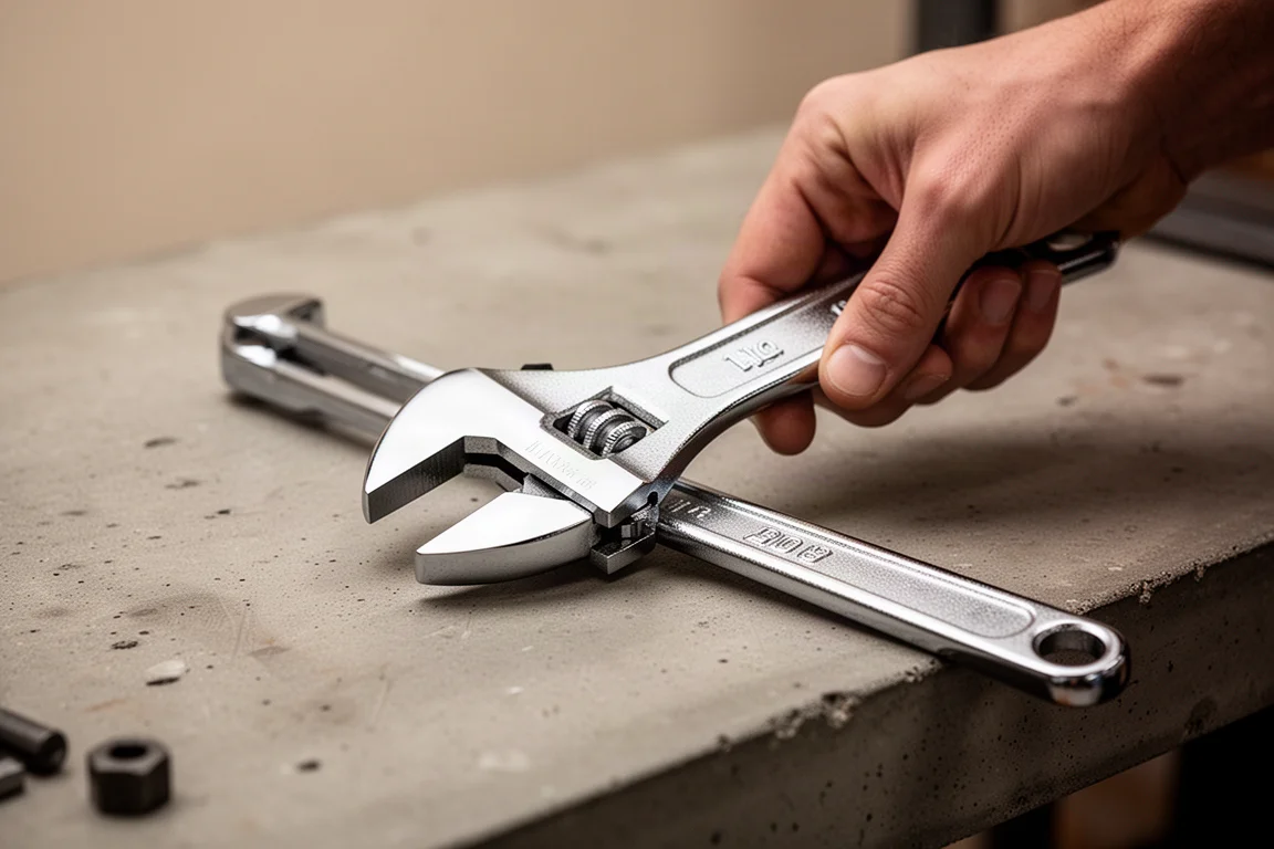 Main ajustant la mâchoire d'une Pliers Wrench polie sur un établi