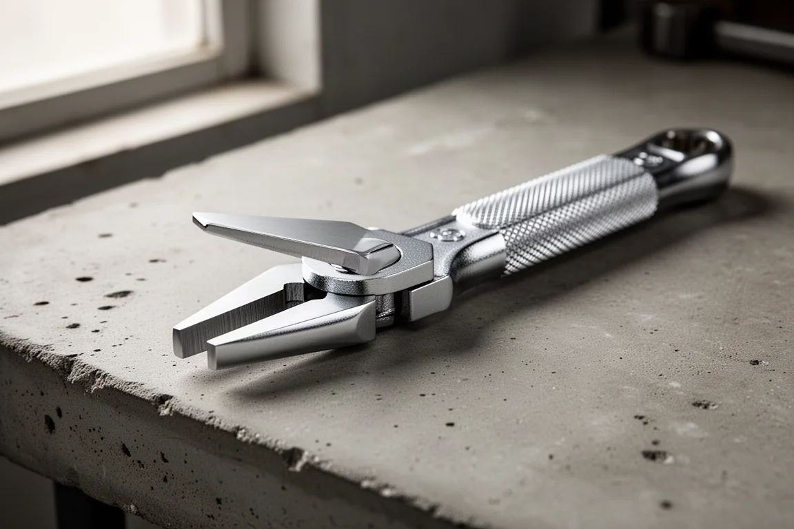 Close-up of a small chrome pliers wrench with smooth parallel jaws on a workshop table