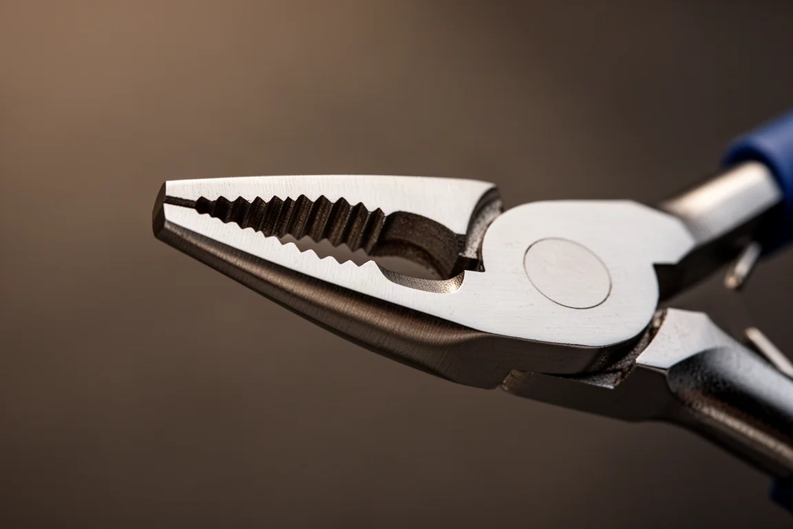 Close-up of the aggressive gripping teeth on a slim beak-style pliers jaw
