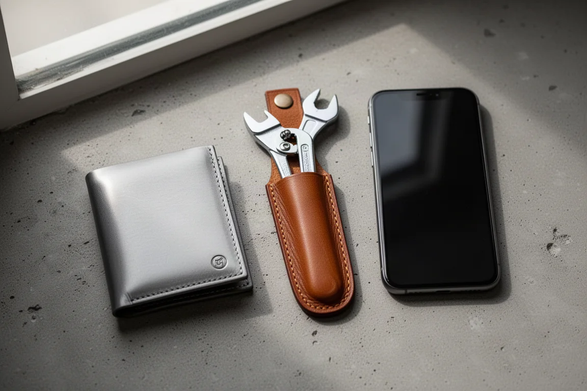 A small pliers tucked into a slim leather sheath beside everyday carry items