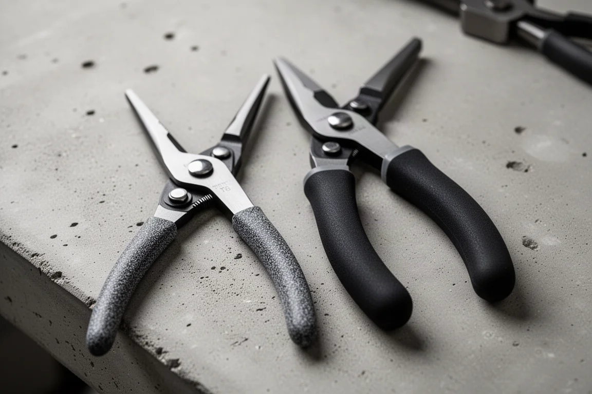 Two push-button pliers side by side on a workbench showing handle thickness difference