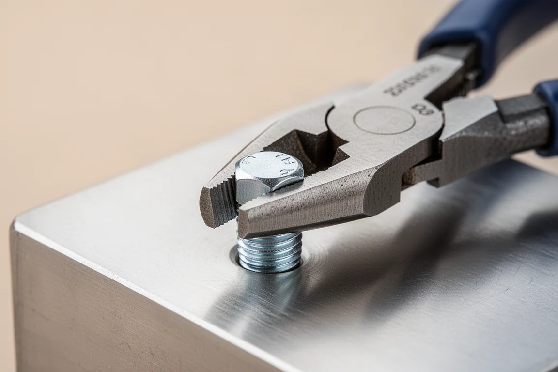 Parrot-nose pliers clamped firmly onto a hex bolt head on a steel plate
