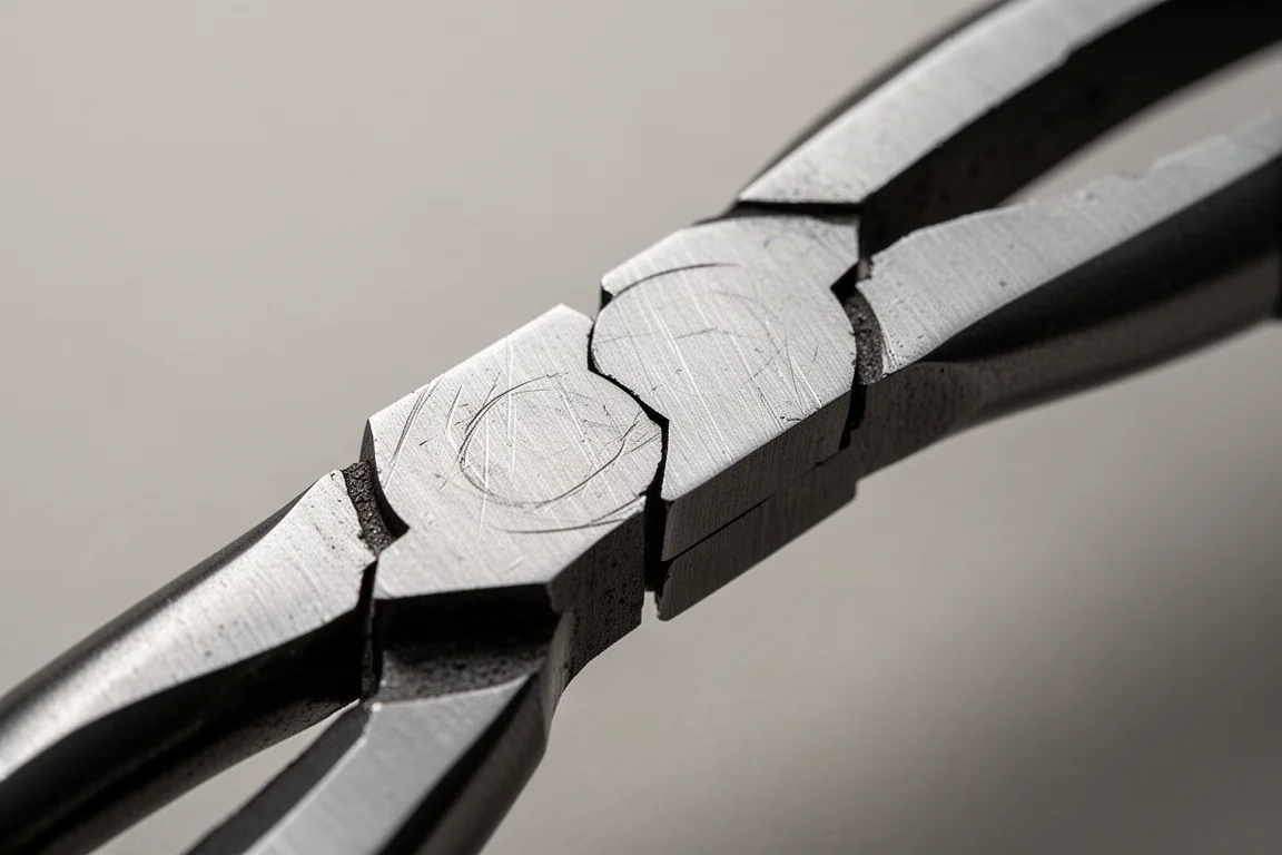 Close-up of misaligned machining marks on plier handle halves