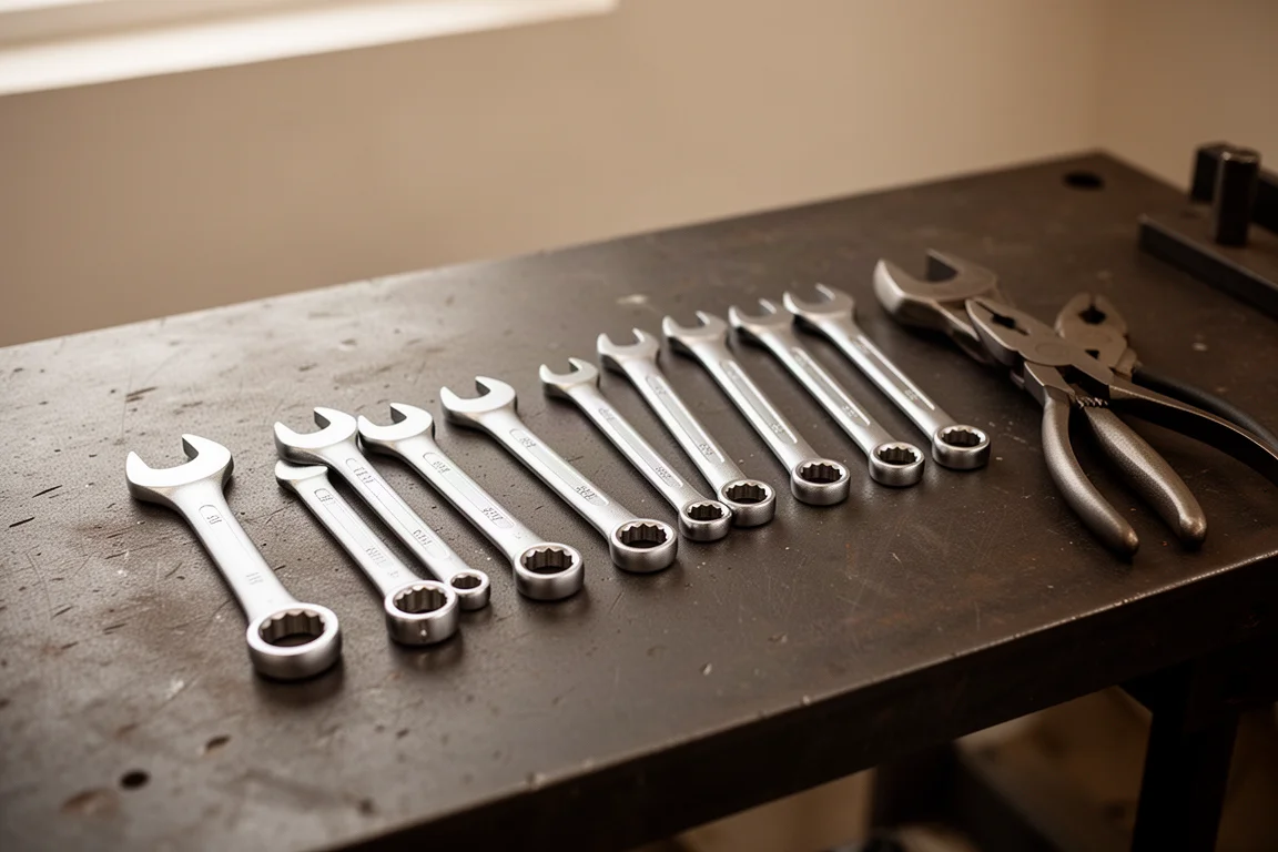 Combination wrenches laid out on a workshop bench beside pliers