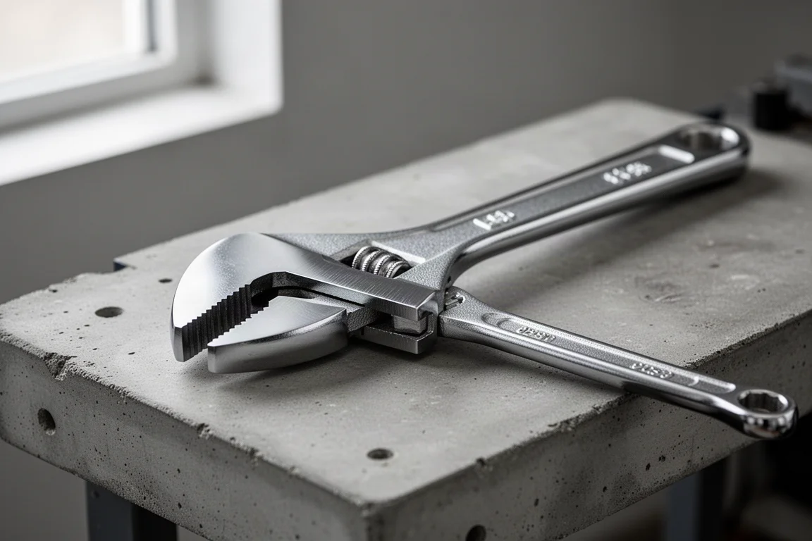 Överdimensionerad kromad pliers wrench som ligger öppen på en arbetsbänk