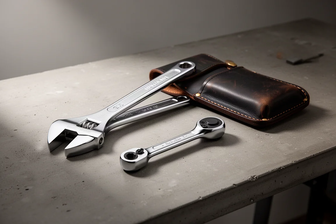 Large pliers wrench, compact ratchet, and leather holster arranged on a workbench