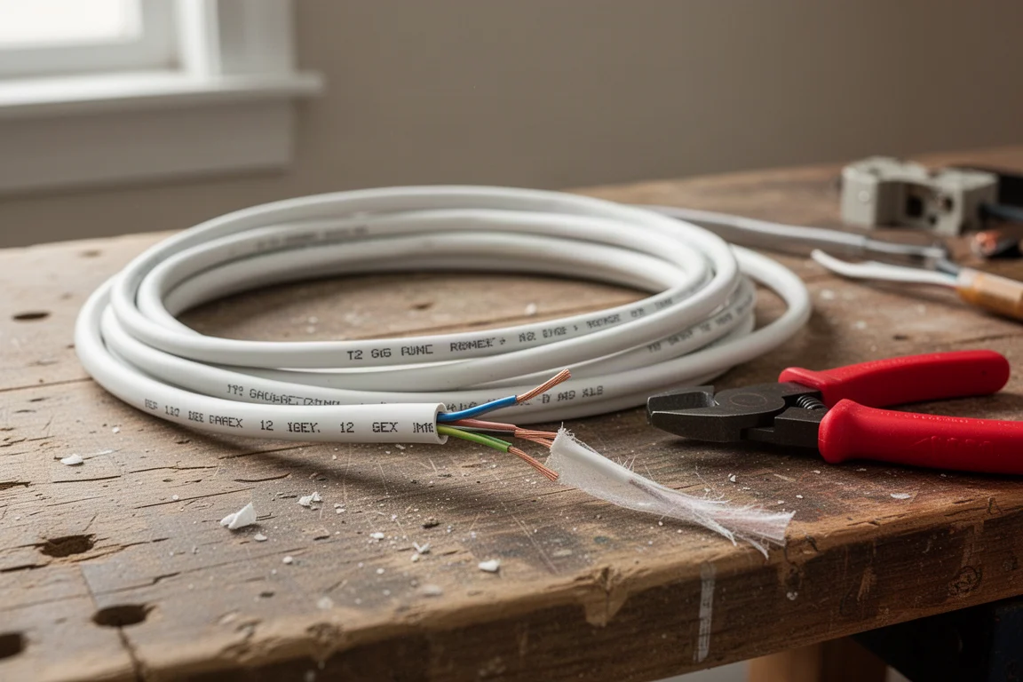 Elektryk przecinający kabel Romex na drewnianym stole warsztatowym