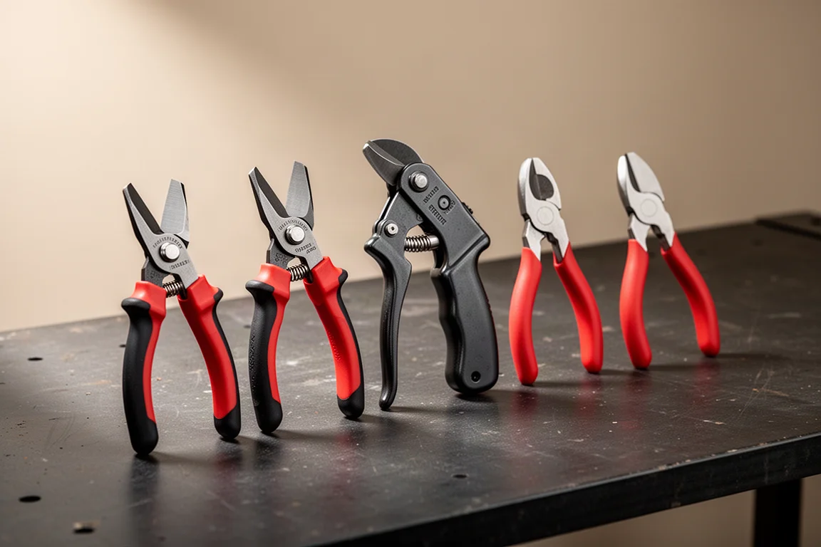 五款 Knipex 與 Snap-on 剪線鉗整齊排列在深色工作檯上