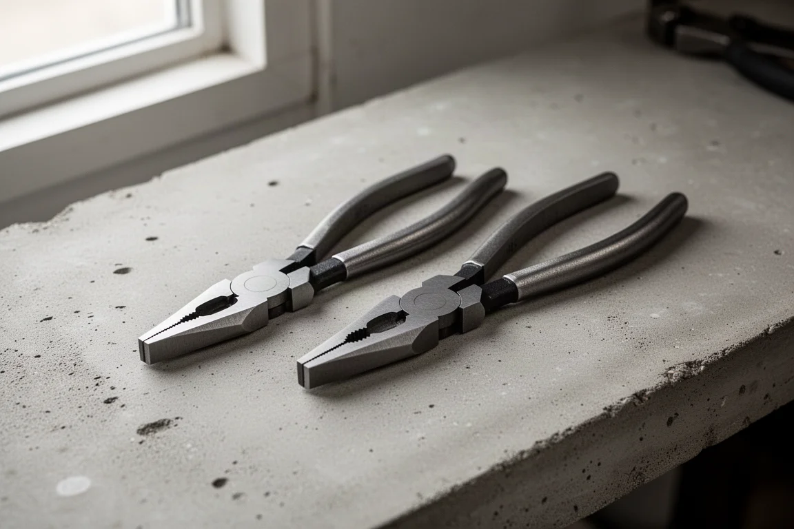 Pinzas Knipex Twin Grip grande y pequeña lado a lado sobre un banco de trabajo