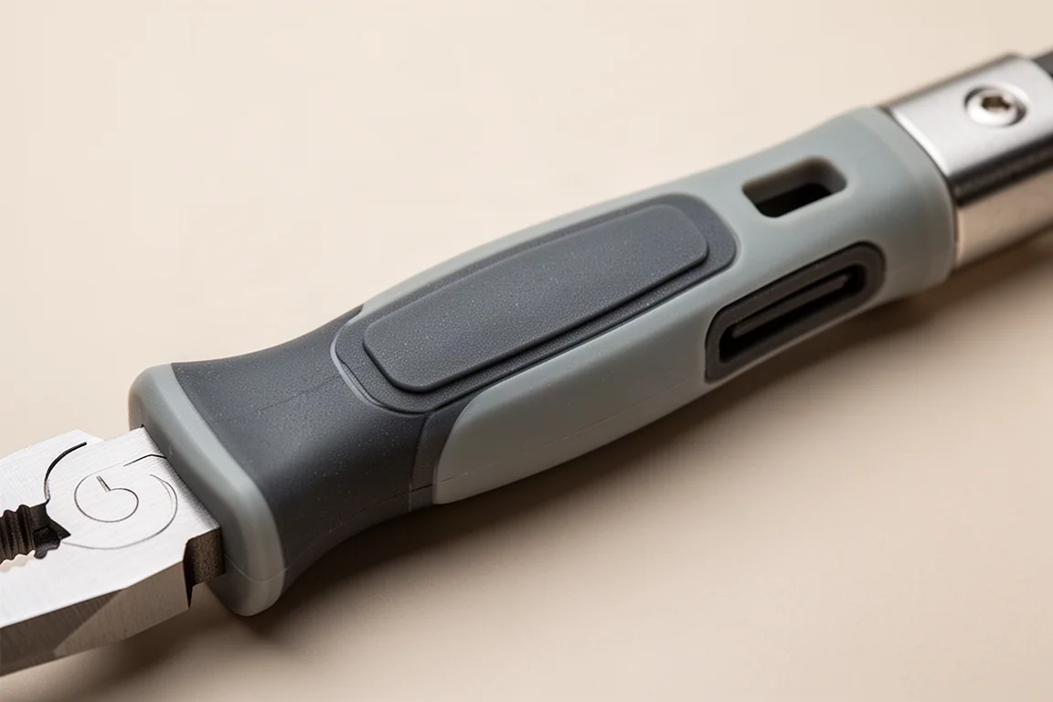 Detalle del mango Comfort Grip con inserción de agarre blando y ranura para cordón de seguridad