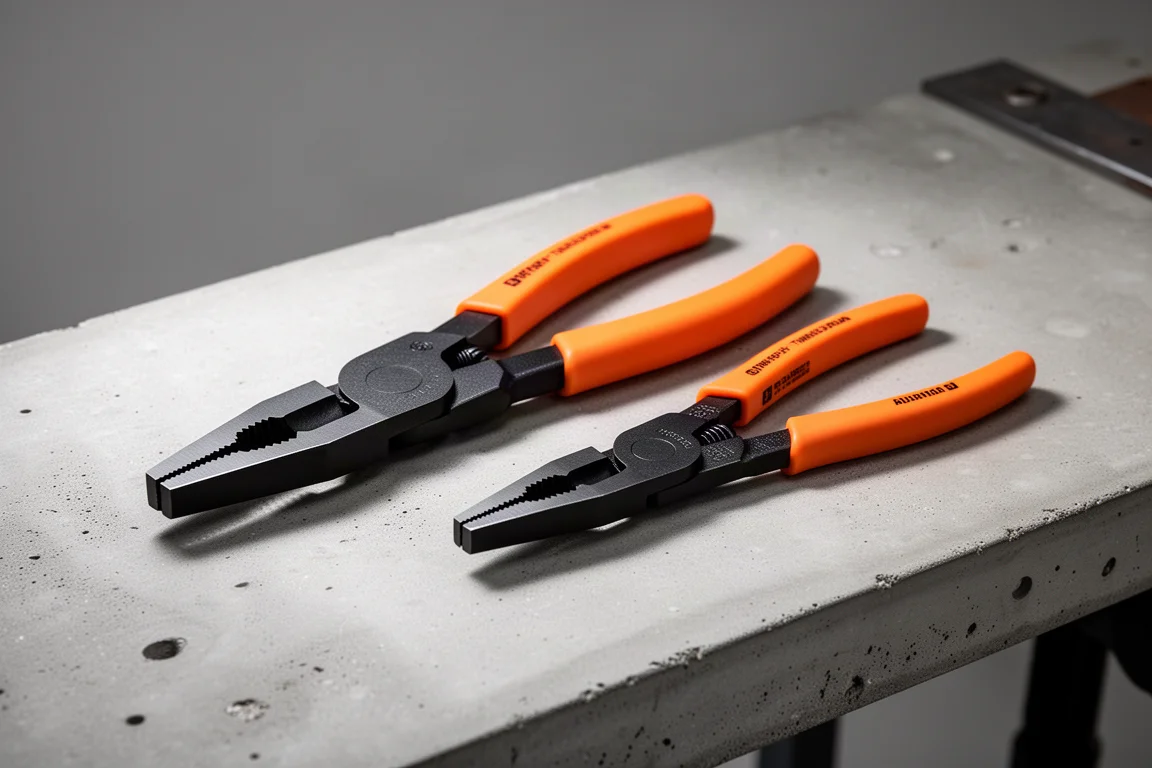 大小兩把 Knipex Twin Grip 鉗子並排放置在工作檯上