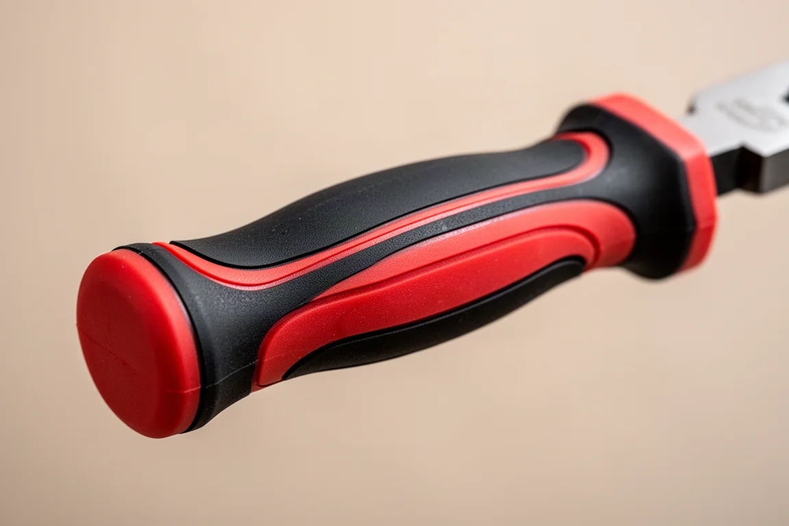 Close-up van een dikke comfortgreep-handgreep van een tang met ergonomische contour