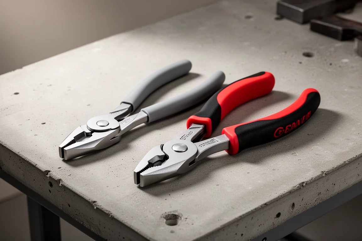 兩把 Knipex TwinGrip 鉗子並排放在水泥工作檯上