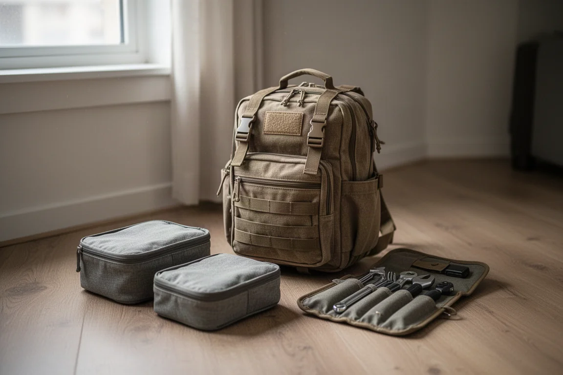 Canvas-Bug-Out-Bag auf dem Boden einer Wohnung in der Nähe eines Fensters