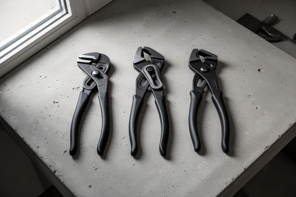 三把活動扳鉗鉗工具在柔和光線下排列於混凝土工作檯上