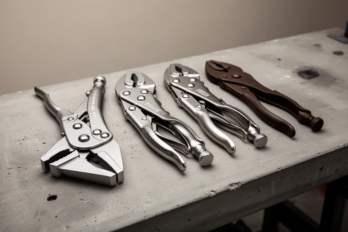 Four pairs of locking pliers lined up on a concrete workbench