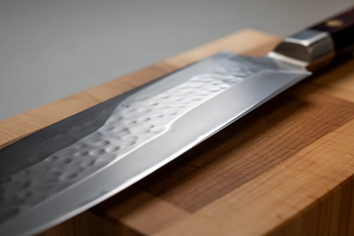 Close-up of a knife bevel showing the shinogi line where the flat face tapers to the edge