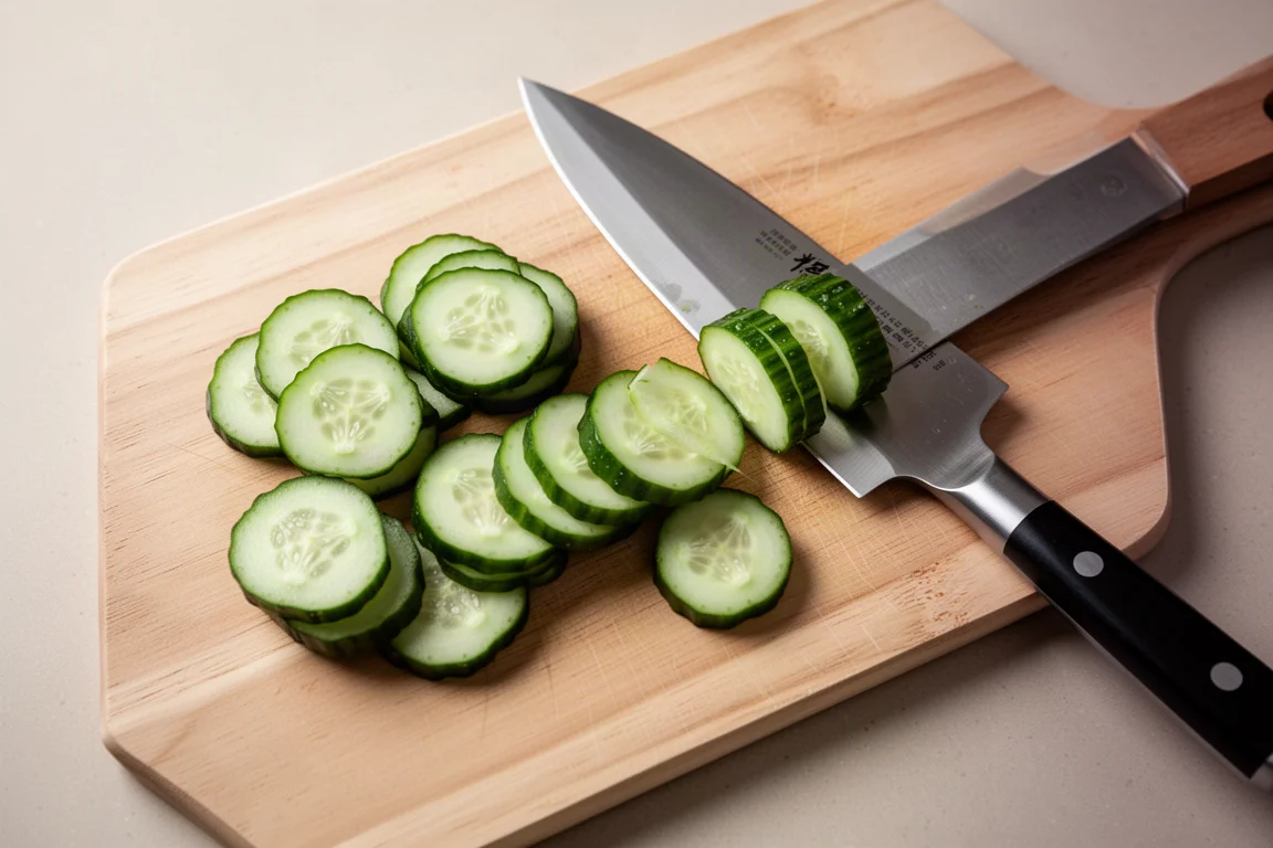 Sliced cucumber pieces falling away from a knife blade on a cutting board