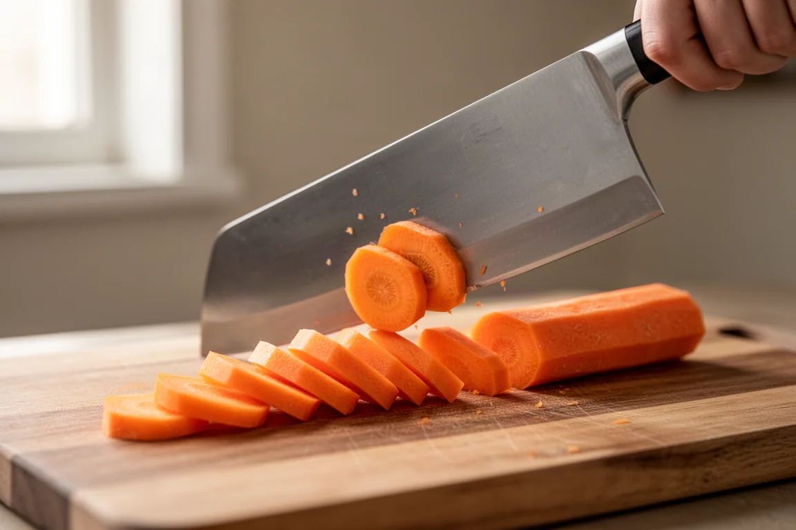 Chinese cleaver slicing through a row of vegetables with food peeling off the tall blade