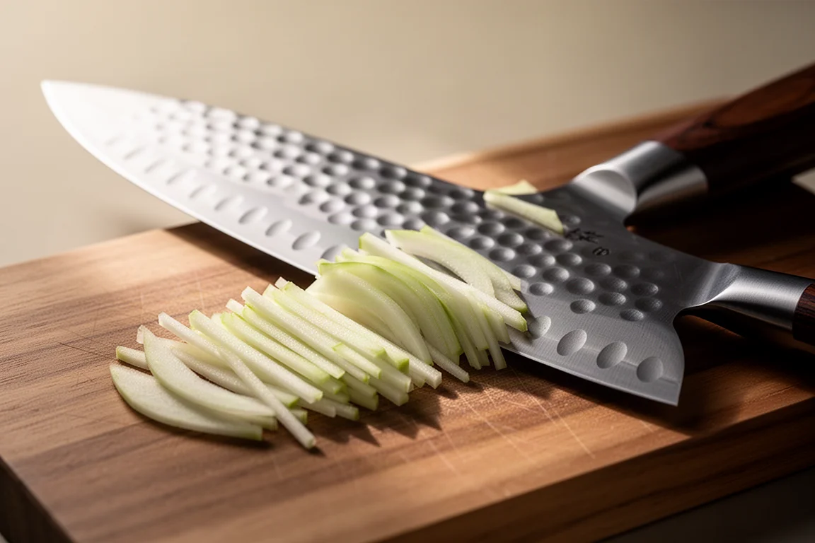 Dimpled single-bevel Japanese knife on a cutting board with thin vegetable slices falling away