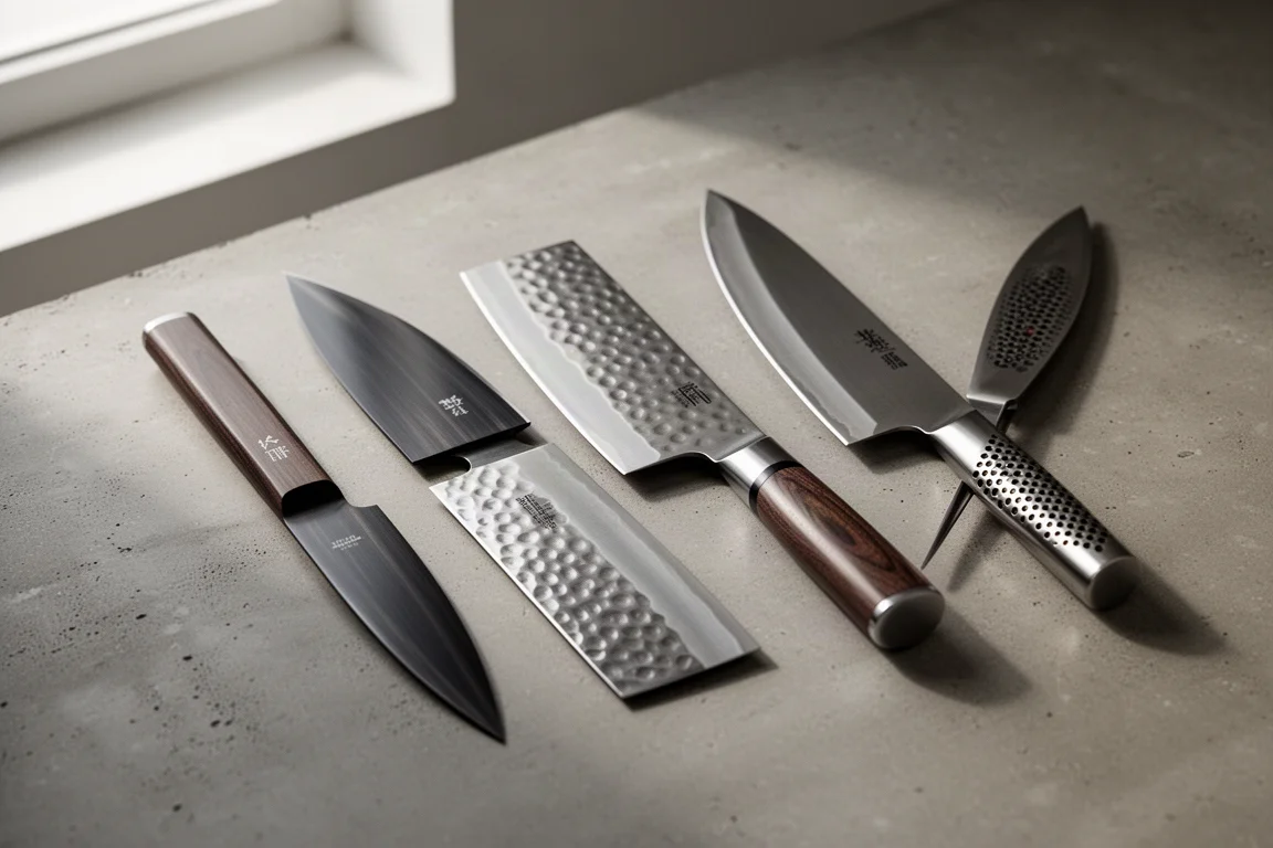 Five Japanese kitchen knives arranged in a row on a matte concrete surface