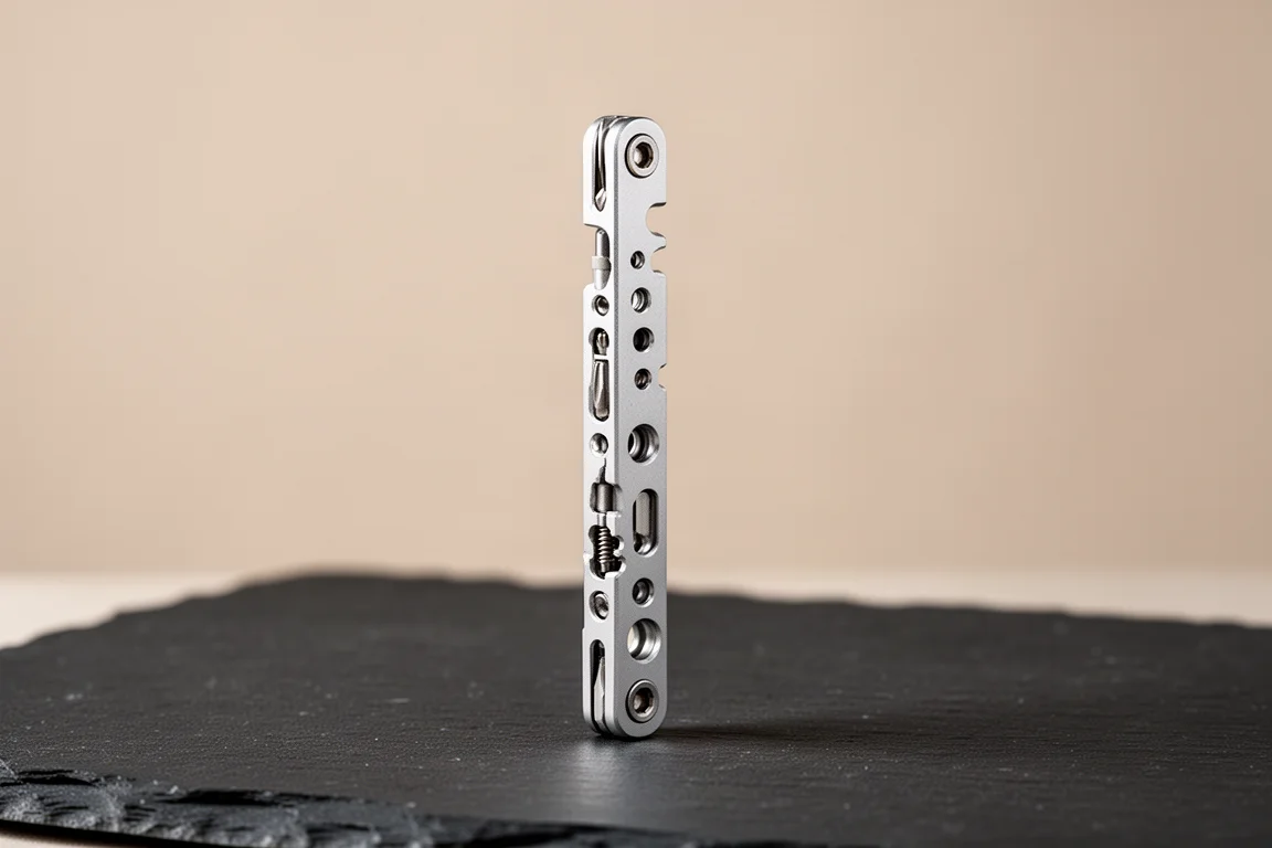 Płaski aluminiowy multitool stojący pionowo na łupkowej powierzchni