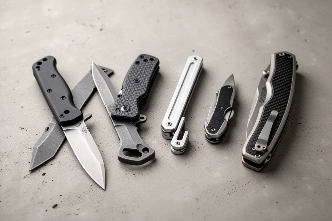 Five knives and a slim multitool arranged in a row on a concrete surface