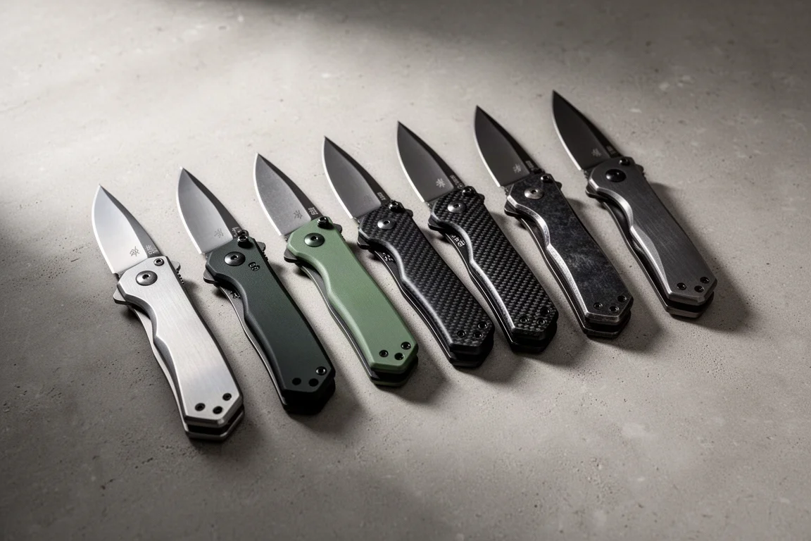 Seven folding pocket knives with varied handles lined up on a concrete surface