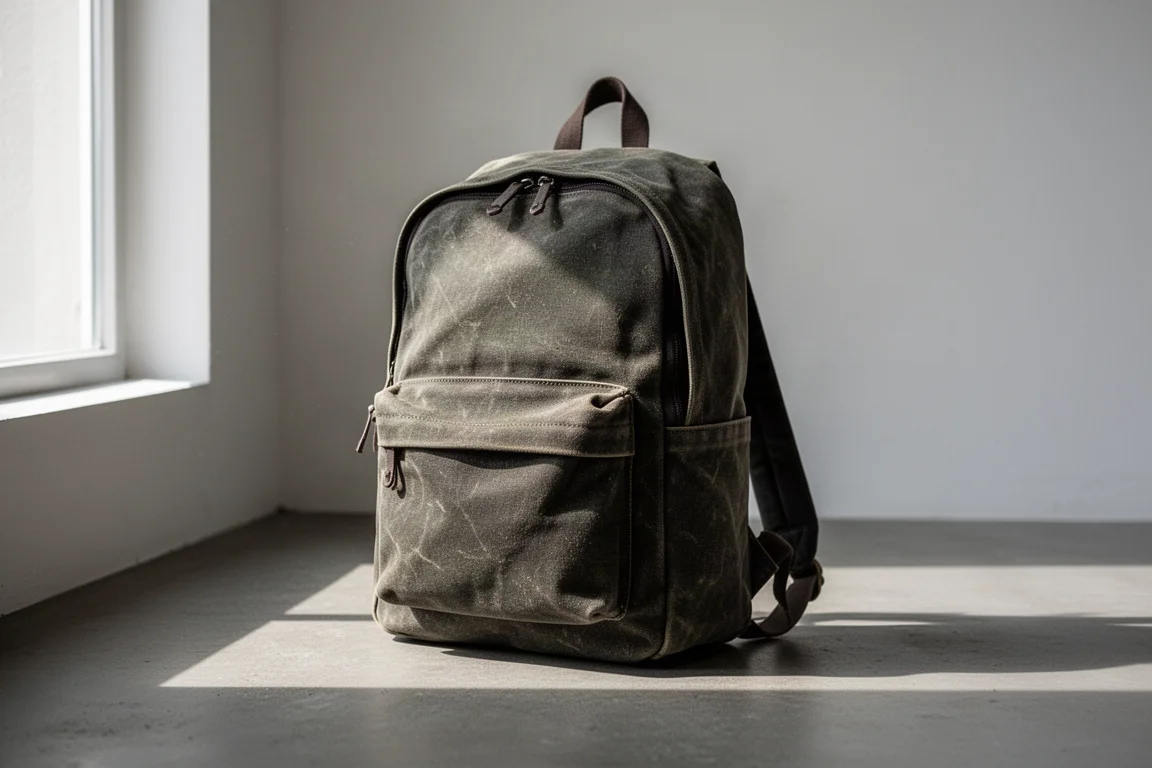 Mochila de lona encerada apoiada em pé sobre uma superfície de concreto com luz suave de janela