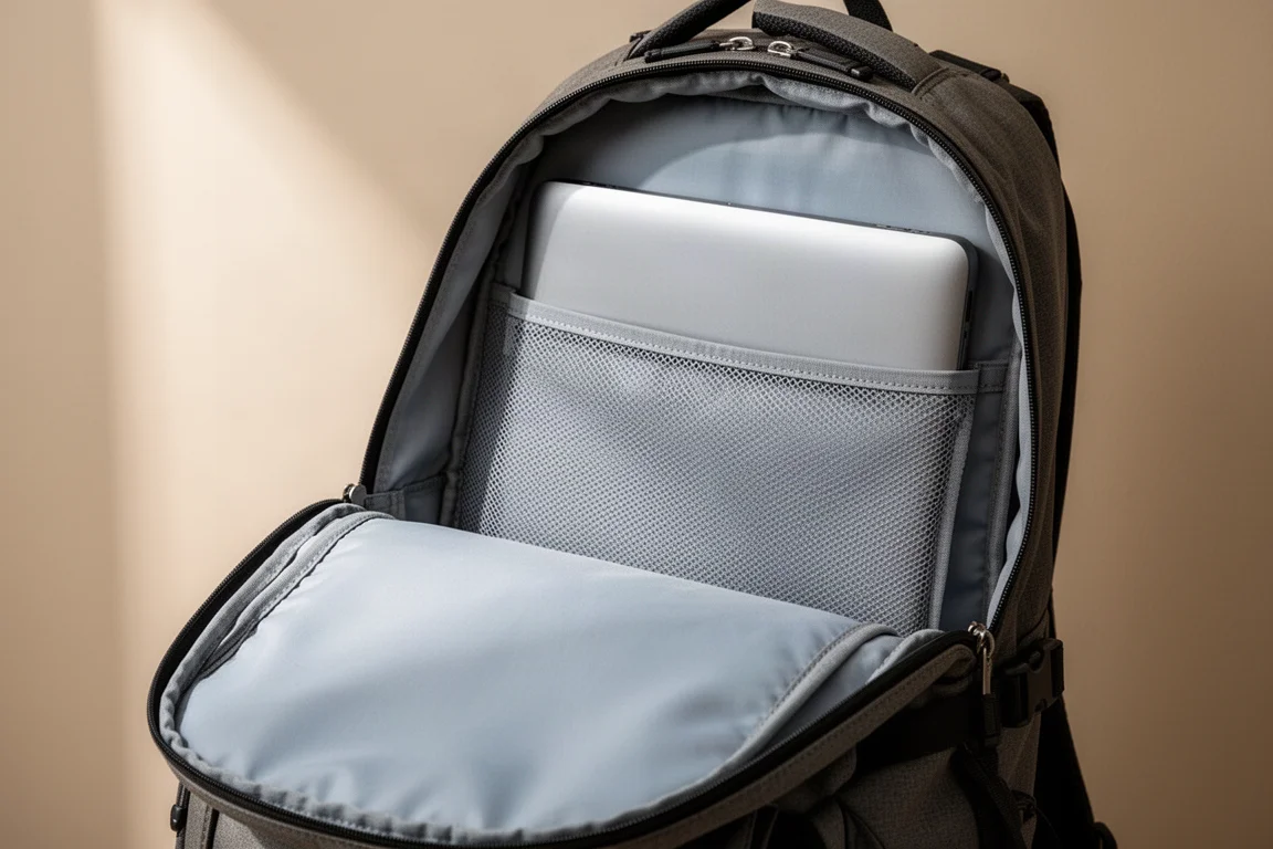 Compartimento principal da mochila aberto mostrando um interior limpo e bem organizado
