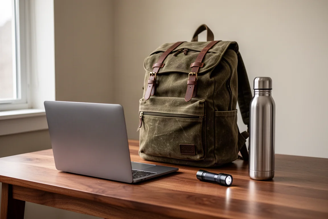 Mochila apoiada em um assento ao lado de um notebook e itens de transporte diário