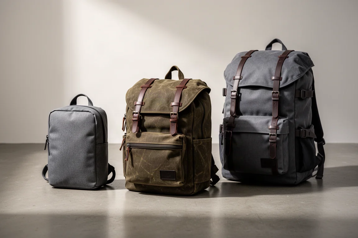 Three backpacks lined up on a concrete floor in soft studio light