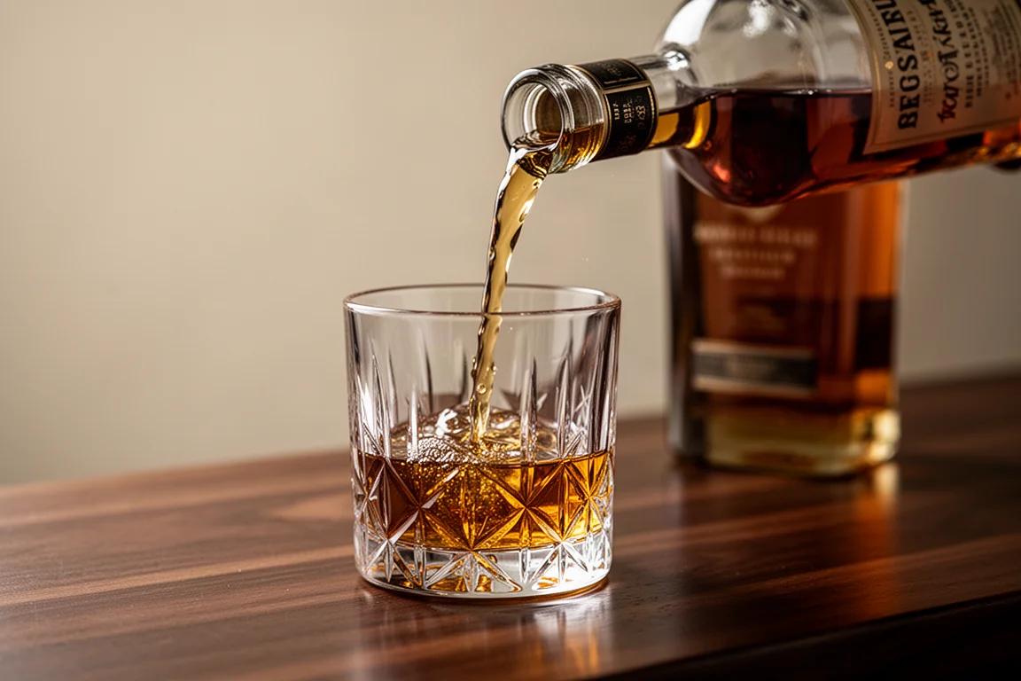 Bourbon being poured into a whiskey glass on a wooden bar top
