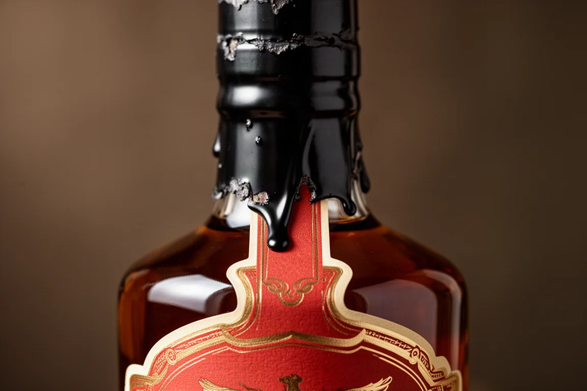 Close-up of a red and gold bourbon label with a black wax-dipped cap