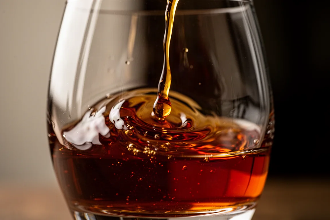 Amber bourbon swirling in a glass catching warm light