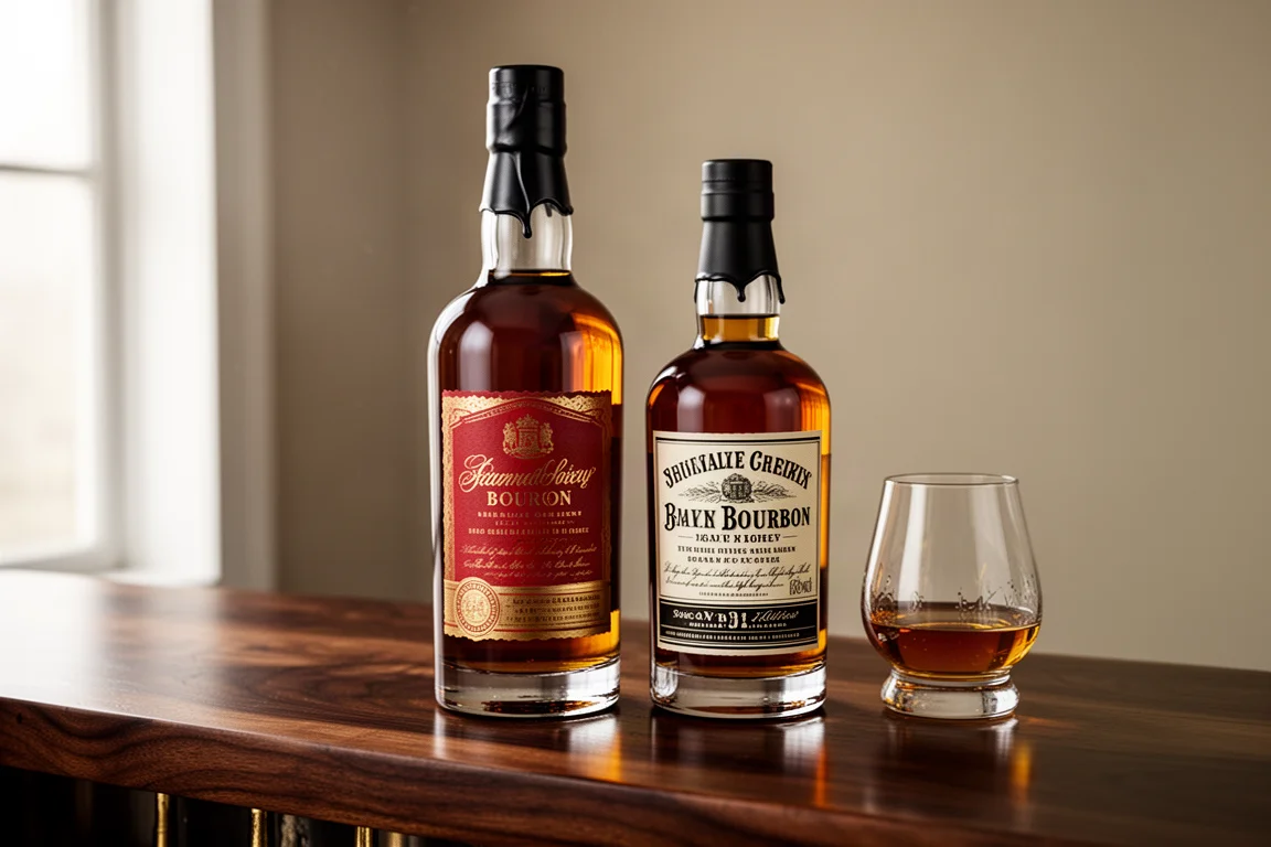 Due bottiglie di bourbon Knob Creek affiancate su un bancone in noce scuro